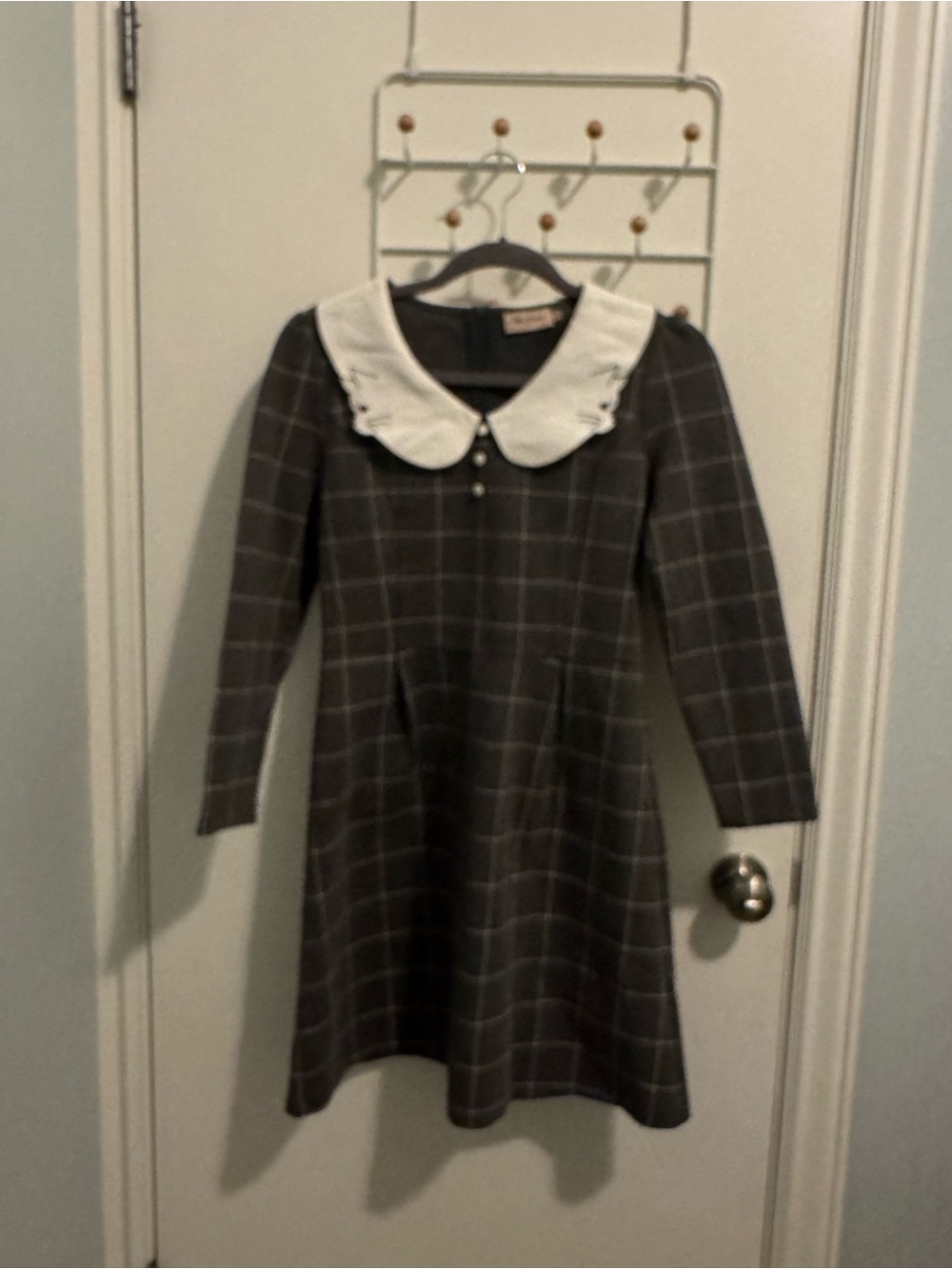 Women's Gray Plaid Formal Dress with White Peter Pan Collar